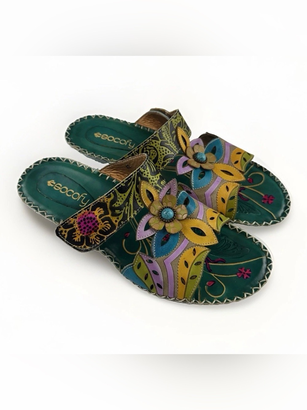 SOCOFY Womens 11 Leather Wedge Sandals Floral Boho Colorful Comfort Shoes EU 42
